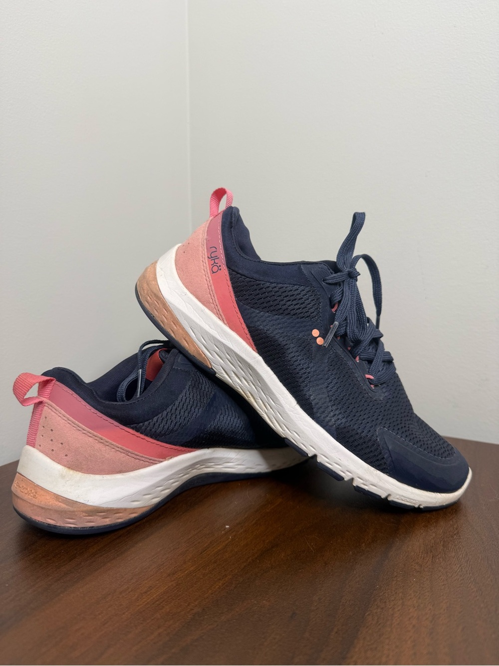 navy and pink Ryka Energize walking sneakers